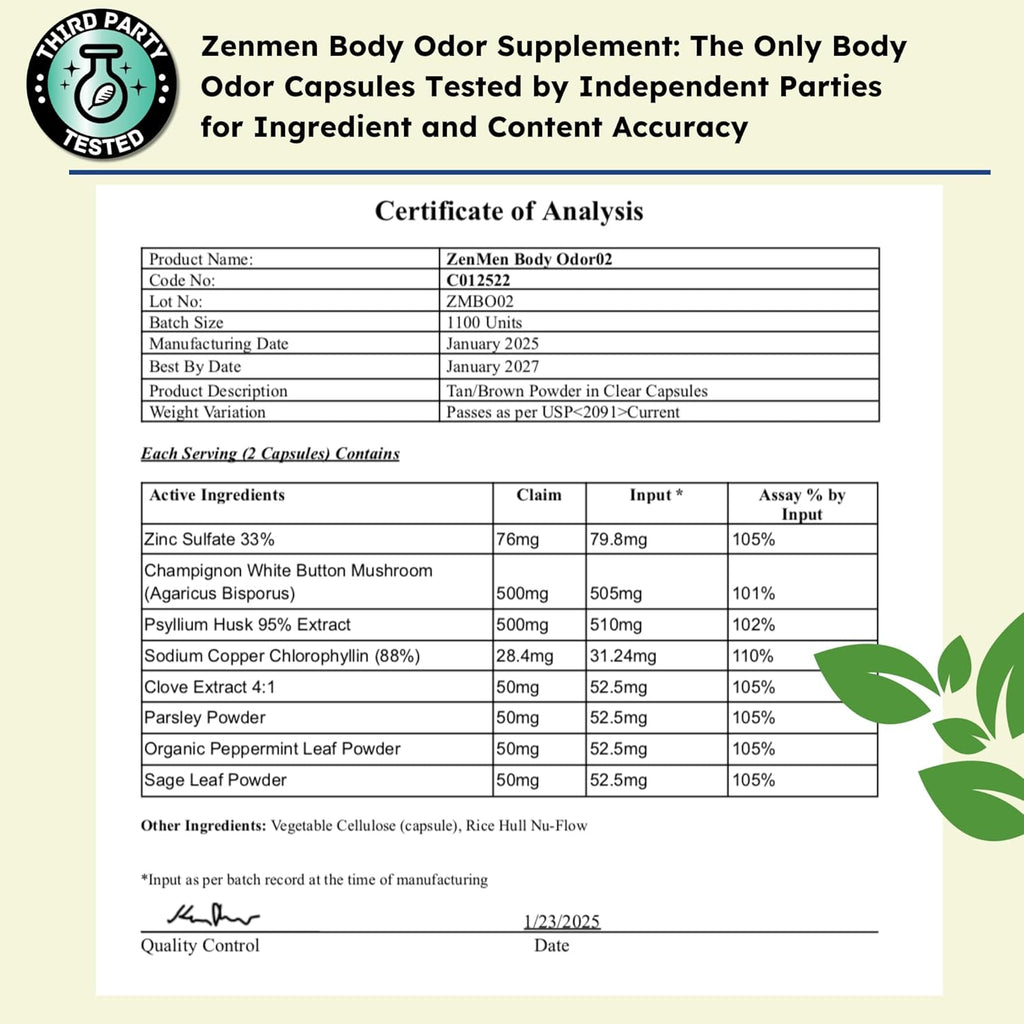 Zenmen Naturally Body Deodorizing Supplement - Body Odor Eliminator Pills - Internal Deodorant for Underarms, Intimate Areas, and Private Parts - 60 Vegan Capsules. Made in The USA