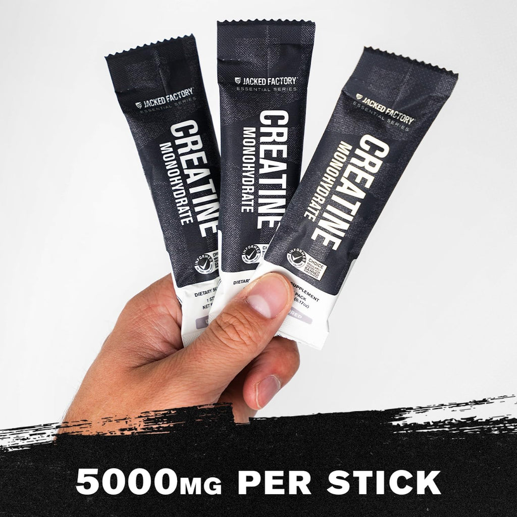 Jacked Factory Creatine Monohydrate Stick Packs 150g - 5g Daily Creatine Supplement for Men and Women, Vegan-Friendly, Third-Party Tested - 30 Servings, Unflavored