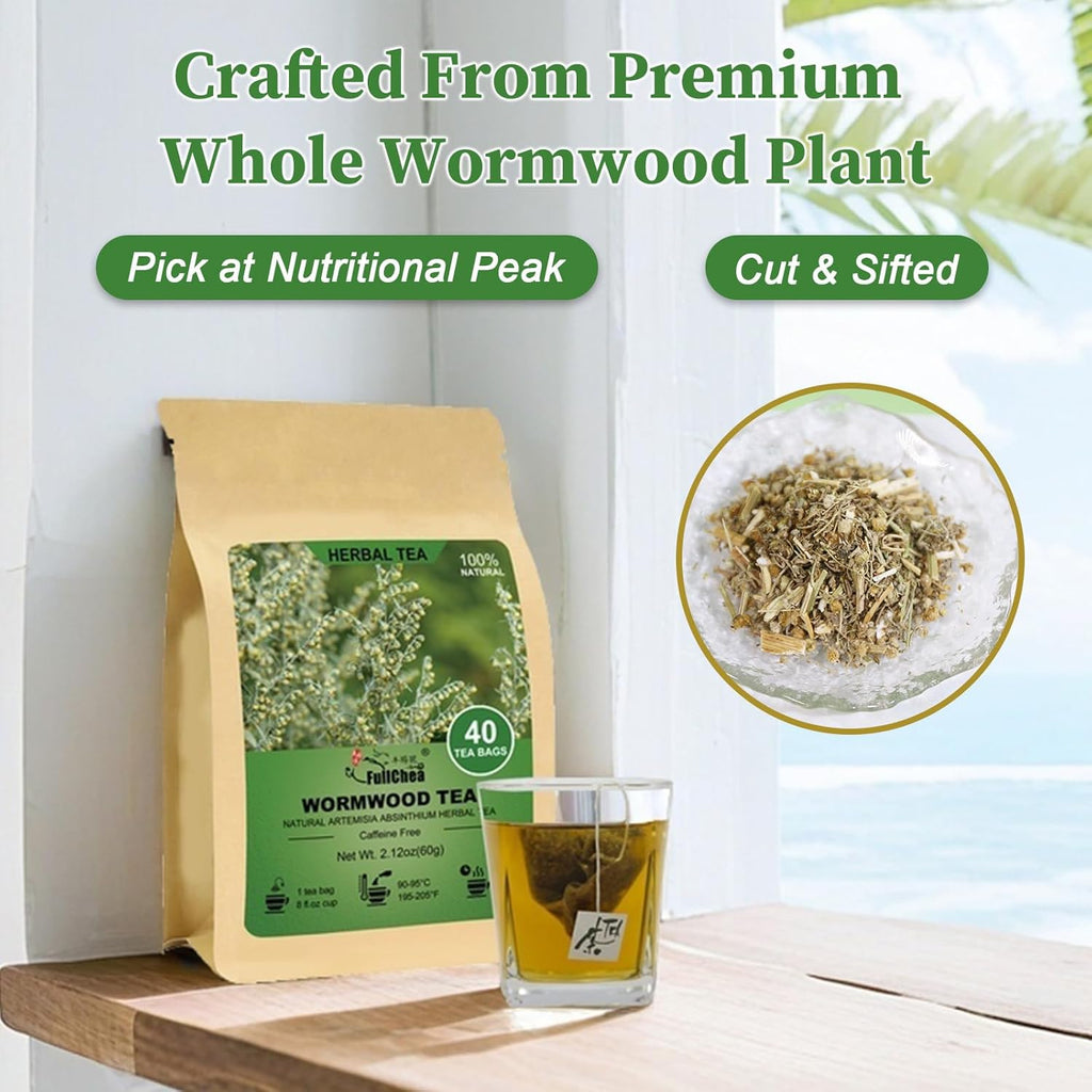 Fullchea - Wormwood Tea Bags, 40 Teabags - Bitter Herbal Tea - Pure Wormwood - Non-GMO - Caffeine-Free - Support Digestion & Well-being