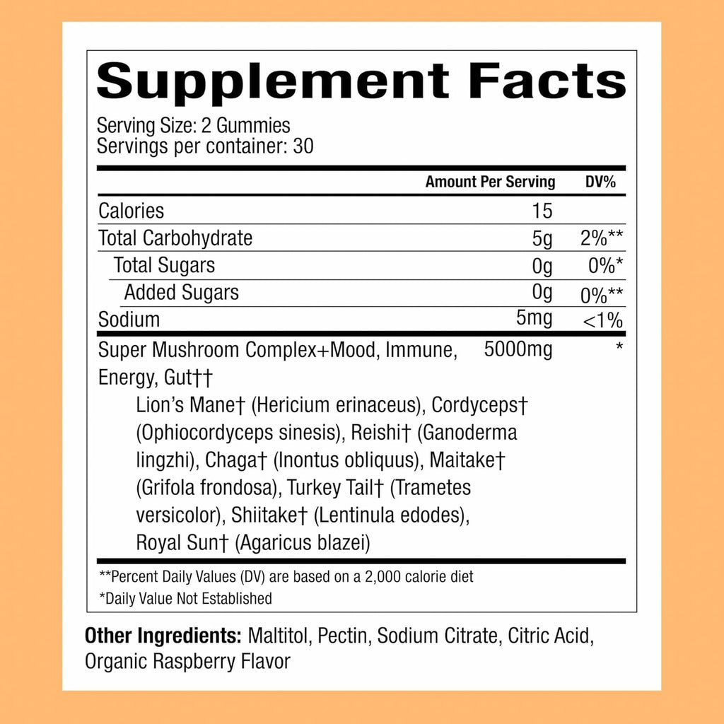WonderDay Extra Strength Mushroom Gummies –Sugar Free Lion’s Mane, Cordyceps, Reishi & Chaga Supplement for Adults –Mood Boost, Energy, Focus, Immune Support & Gut Health –Vegan, Non-GMO (60 Count)