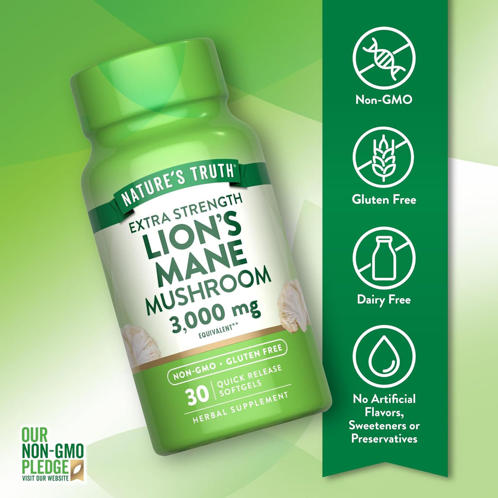 Nature's Truth Lions Mane Extract Softgels | 3,000mg | 30 Count | Extra Strength | Non GMO & Gluten Free Supplement