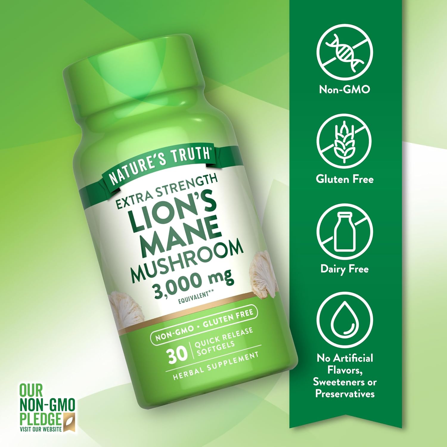 Nature's Truth Lions Mane Extract Softgels | 3,000mg | 30 Count | Extra Strength | Non GMO & Gluten Free Supplement