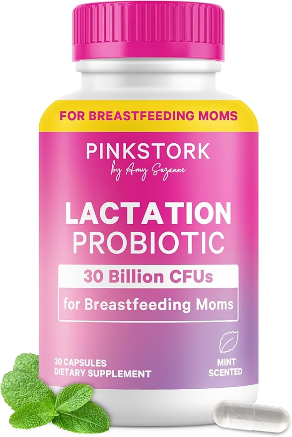 Pink Stork Lactation Probiotic - 30 Billion CFUs Multi Strain Postnatal Probiotics for Breastfeeding Women - Support Breast Milk & Gut Health, Postpartum Essentials, Mint Essence, 30 Capsules