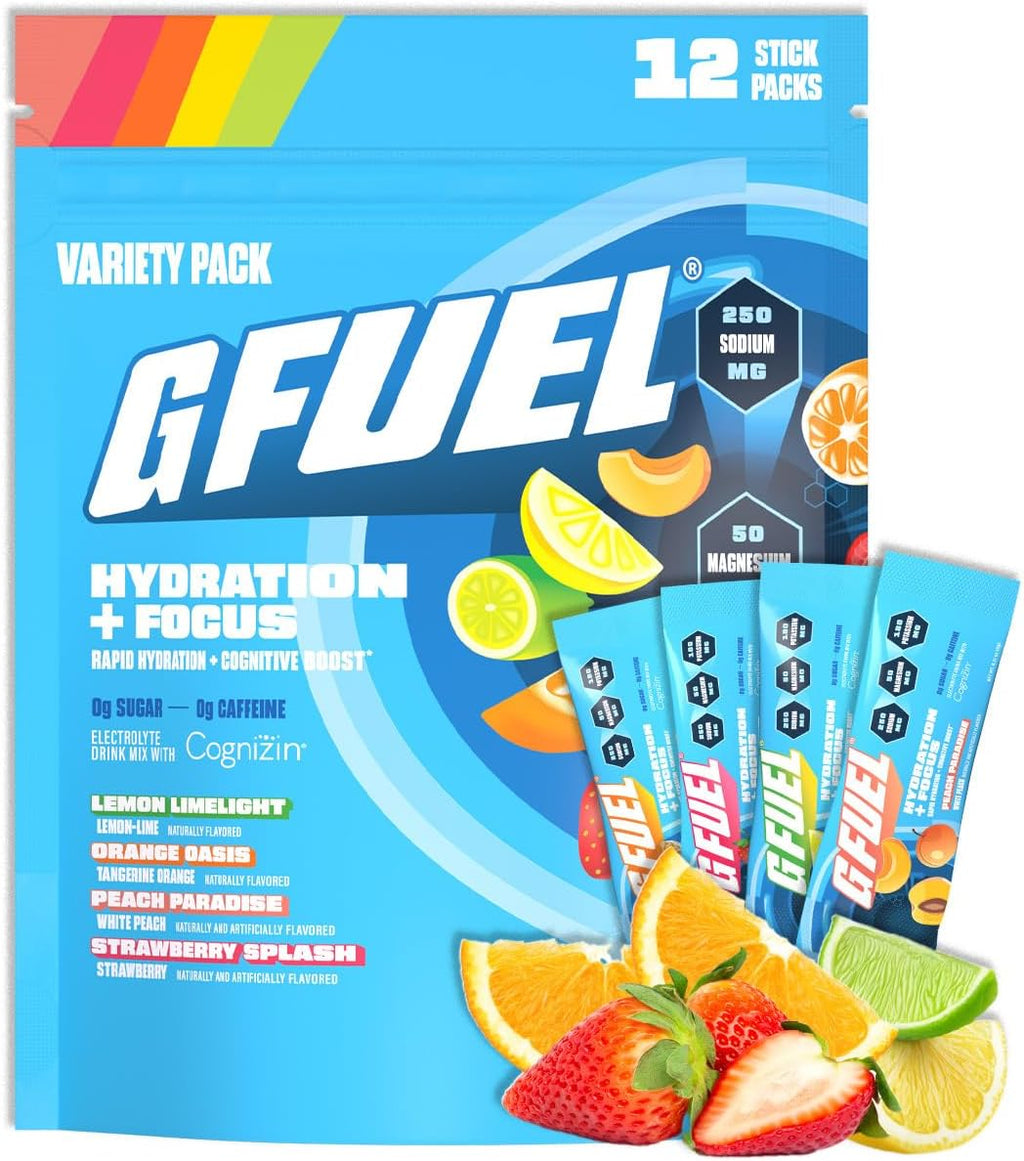 G Fuel Electrolytes Powder for Instant Hydration and Focus | Sugar Free Electrolytes Variety Pack of Lemon, Orange, Peach, Strawberry, Nootropic Drink Mixes to Sharpen Mental Focus, 12 Servings
