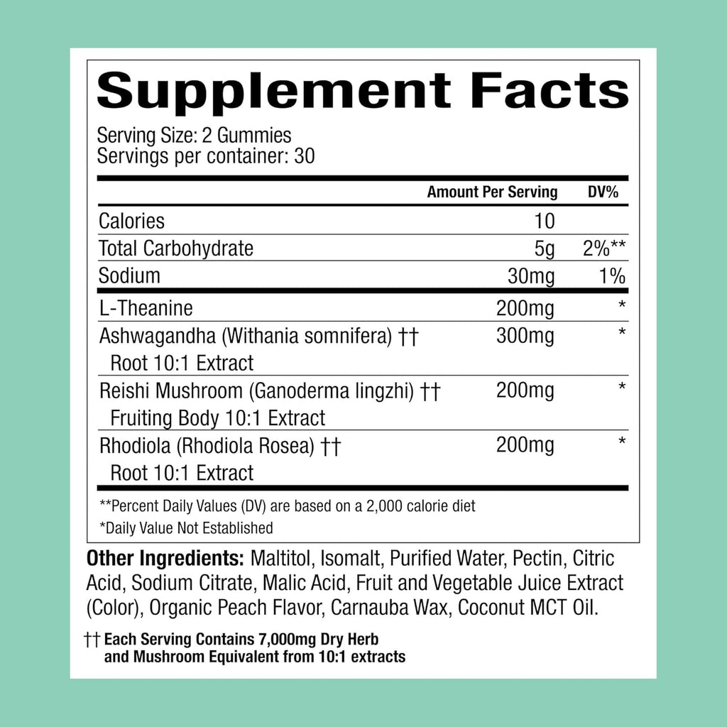 Plant People WonderCalm Mushroom Gummies - Natural Ashwagandha Supplement to Ease Stress & Boost Mood for Adults Without Sugar, Gluten or Artificial Colors, Vegan-Friendly, Peach Flavor, 60 Count