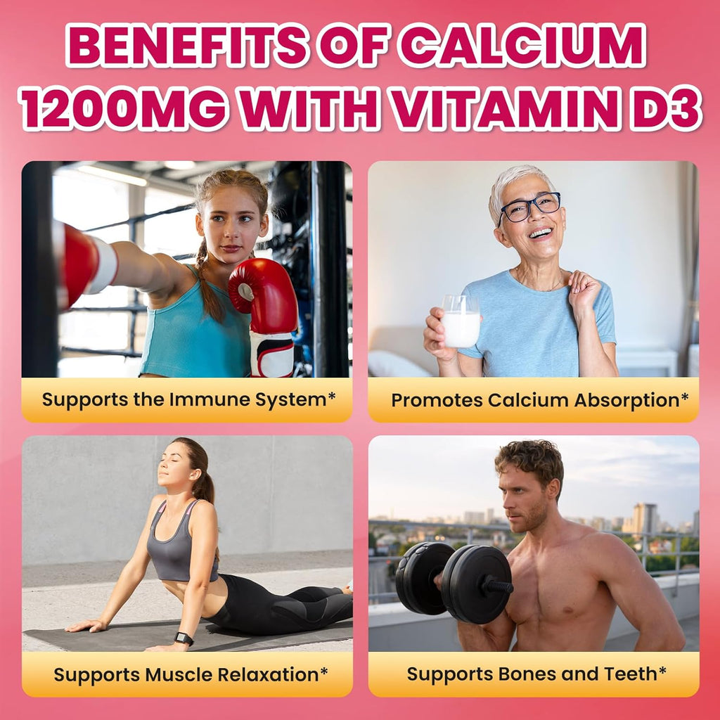 Calcium Citrate Gummies - 1200mg Calcium Gummies Supplements for Women & Men with Vitamin D3, K2, Magnesium, Zinc High Absorption for Bone, Muscle & Immune Support, Raspberry Flavor, 120 Count