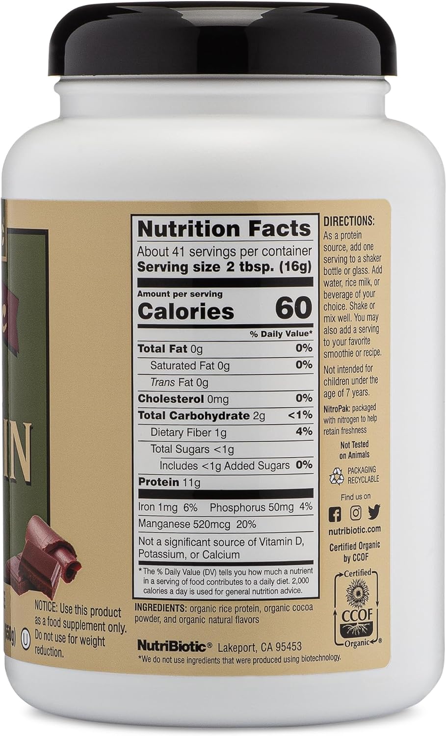 NutriBiotic Certified Organic Rice Protein Chocolate, 22.9 Oz | Low Carbohydrate Vegan Protein Powder | Raw, Certified Kosher & Keto Friendly | Made Without Chemicals, GMOs & Gluten | Easy to Digest