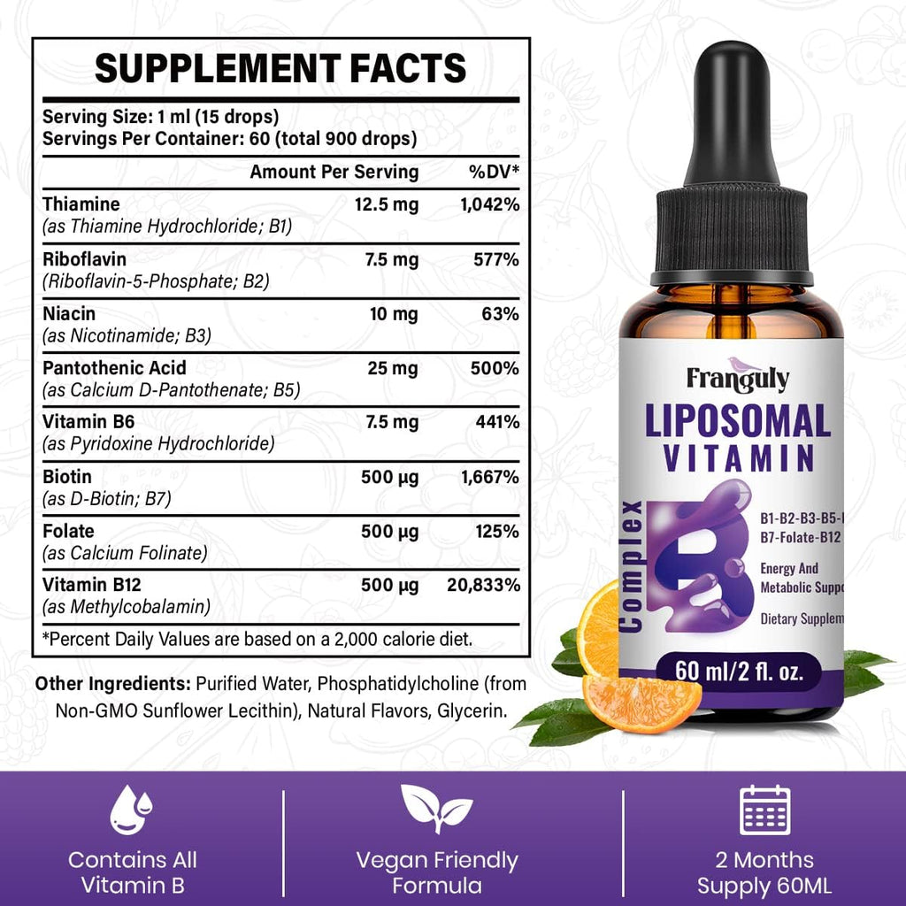 Liposomal Vitamin B Complex Liquid Sublingual B Complex Vitamins Supplement for Women Men Improved Absorption Methylated B12,B1, B2, B3, B5, B6,Folate,Biotin for Energy and Immune Support-8.0 oz