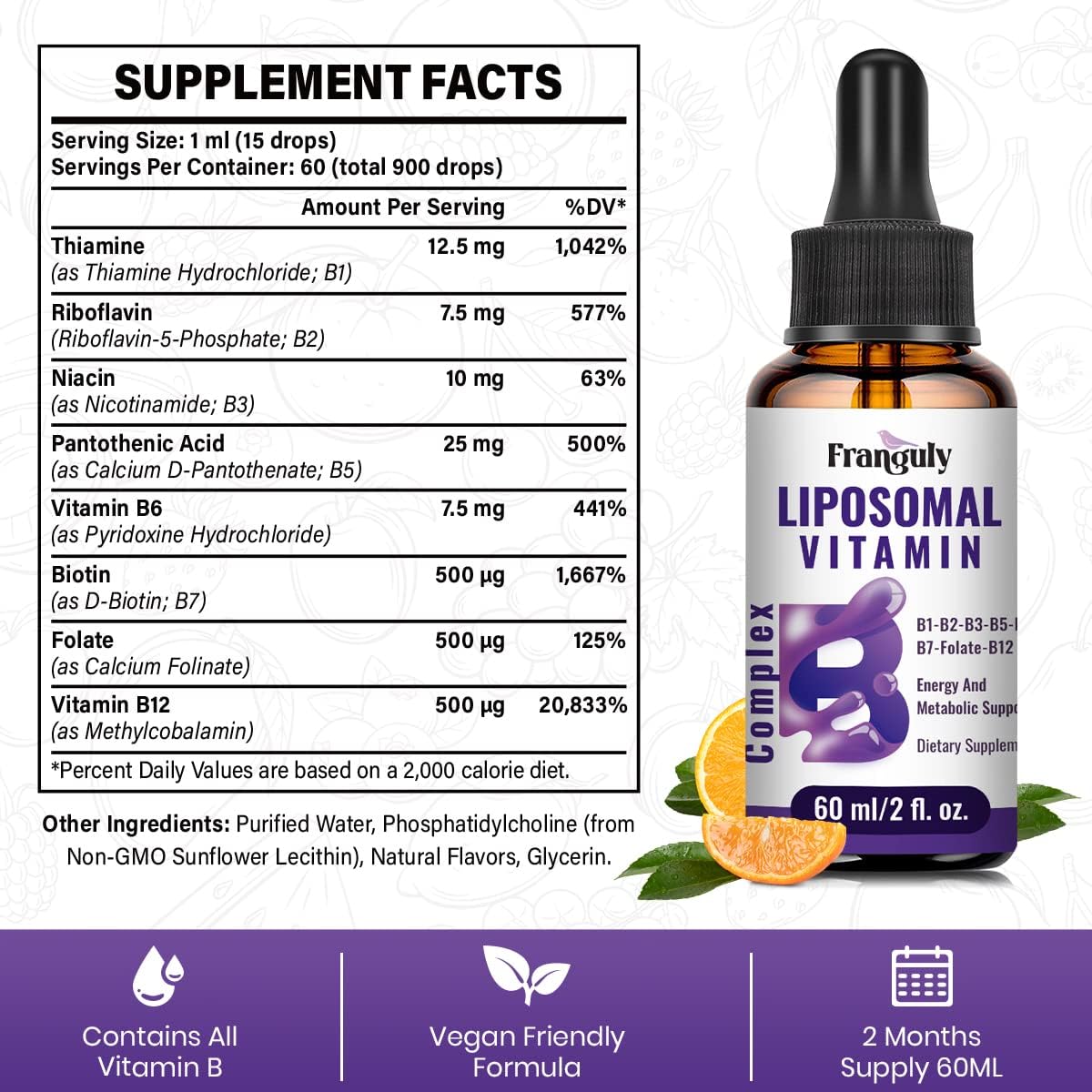 Liposomal Vitamin B Complex Liquid Sublingual B Complex Vitamins Supplement for Women Men Improved Absorption Methylated B12,B1, B2, B3, B5, B6,Folate,Biotin for Energy and Immune Support-8.0 oz