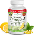 Best Triple Strength Omega 3 Fish Oil Pills - 180 Capsules - 2400mg High Potency Burpless Lemon Flavor 864mg EPA 576mg DHA Ultra Pure Liquid Softgels for Brain Joints Eyes Heart Health Supplement