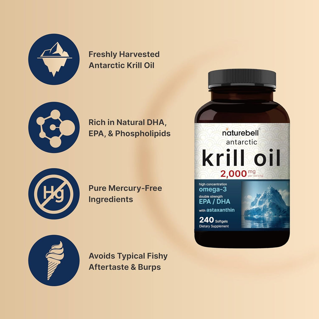 Antarctic Krill Oil 2000mg Supplement, 240 Softgels, 3X Strength Natural Source of Omega-3s, EPA 240mg + DHA 160mg + Astaxanthin 800mcg – No Fishy Aftertaste – Mercury Free & Non-GMO