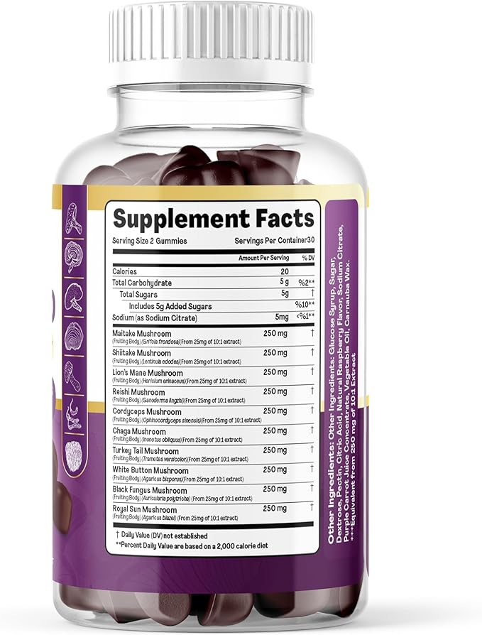 Brain Gold - Super Mushroom Gummies Aid Immune Support - Lions Mane Mushroom Supplement Natural Raspberry Flavor - Daily Reishi Mushroom Capsules Support Well-Being Mushroom Complex