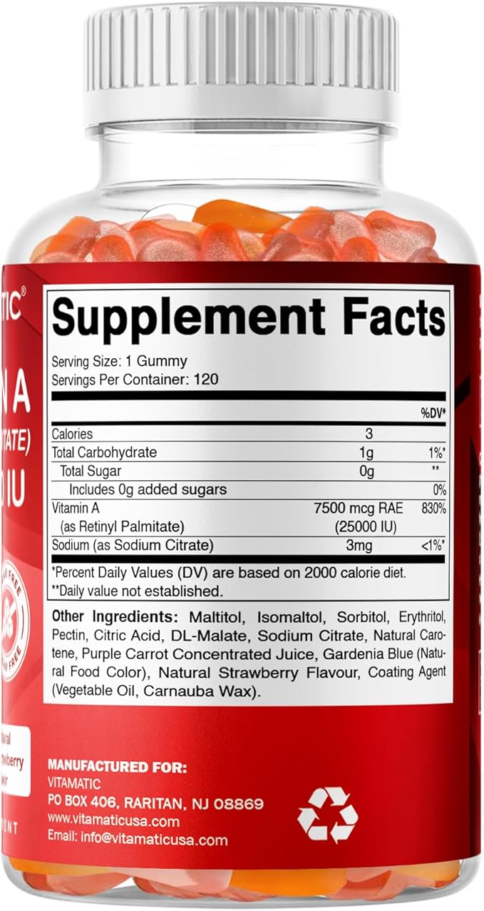 Vitamatic Sugar Free Vitamin A 25000 IU Gummies (Retinyl Palmitate) - Natural Strawberry Flavor - 120 Pectin Based Gummies (1 Bottle)