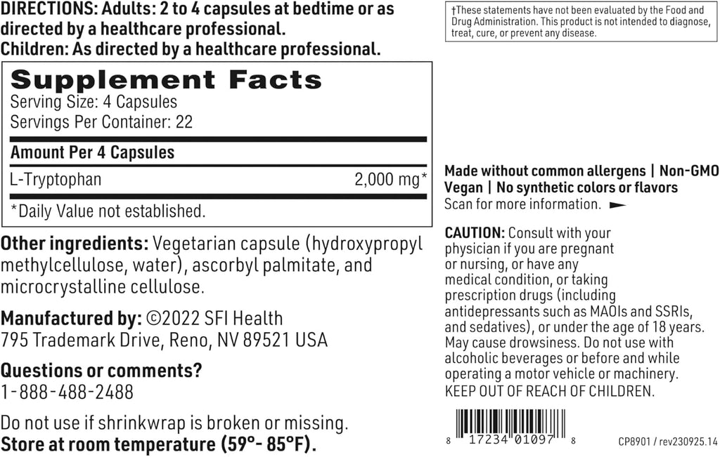 Klaire Labs SFI Health L-Tryptophan - 2000 Milligrams Amino Acid Precursor to Serotonin & Melatonin, Mood & Sleep Support (90 Capsules)