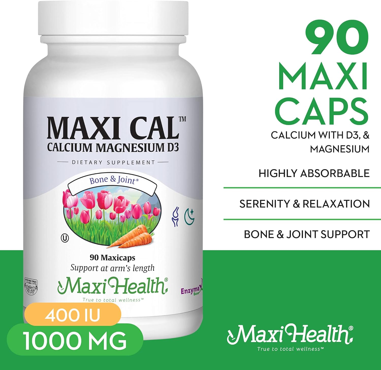 Maxi Health Calcium 1000 mg Supplement with Vitamin D3 (1000 IU) and Magnesium (500 mg) - Bone, Teeth and Joint Support for Men and Women - 90 Capsules