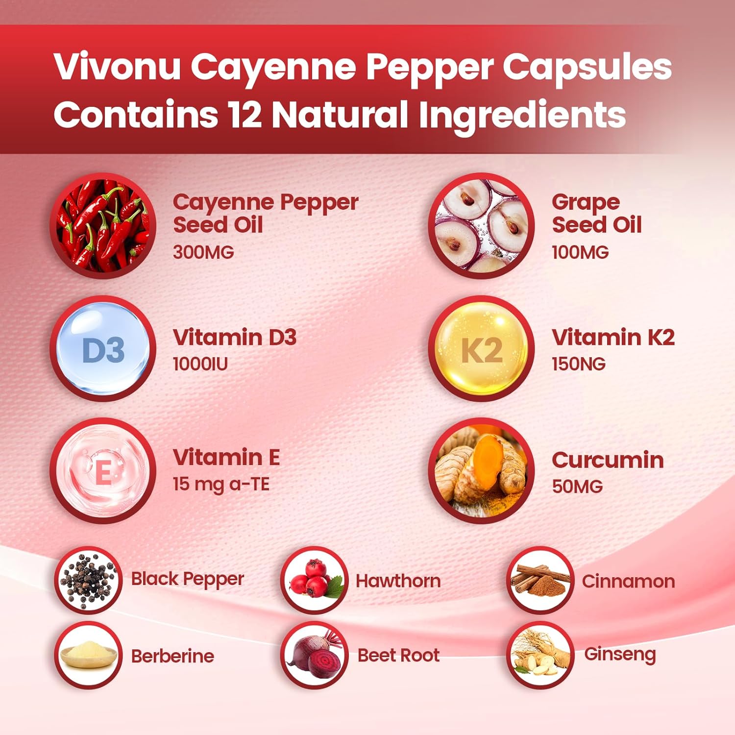 VivoNu Cayenne Pepper Softgels Supplement, Supports Leg Vein, Heart and Blood Vessel Health, with Vitamin E D3+K2 and Extracts of Grape Seed, Hawthorn, Beetroot, Berberine