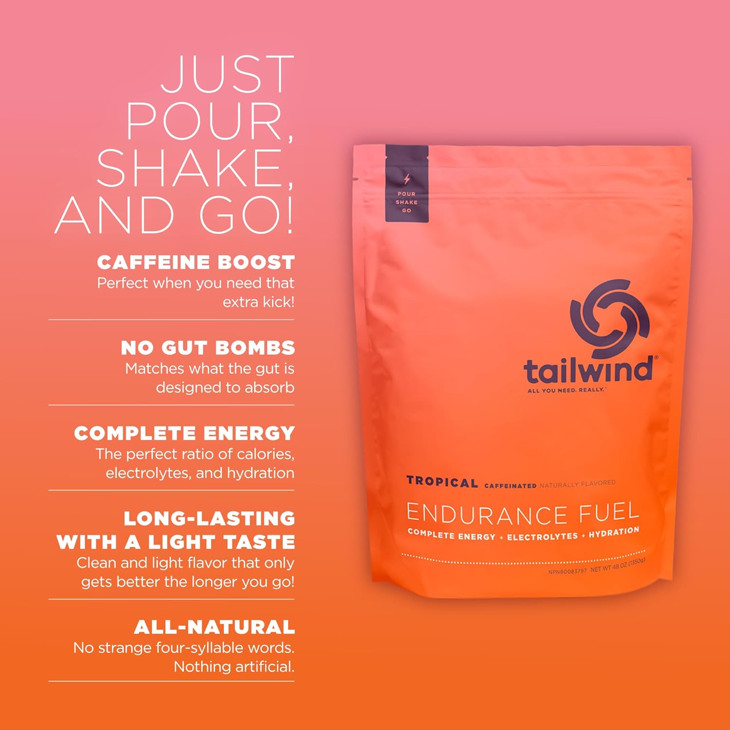 Tailwind Nutrition Endurance Fuel, Carbohydrate & Electrolyte Sports Drink Mix Powder, Gluten-Free, Vegan, Tropical Buzz, 50 Servings (Caffeinated)