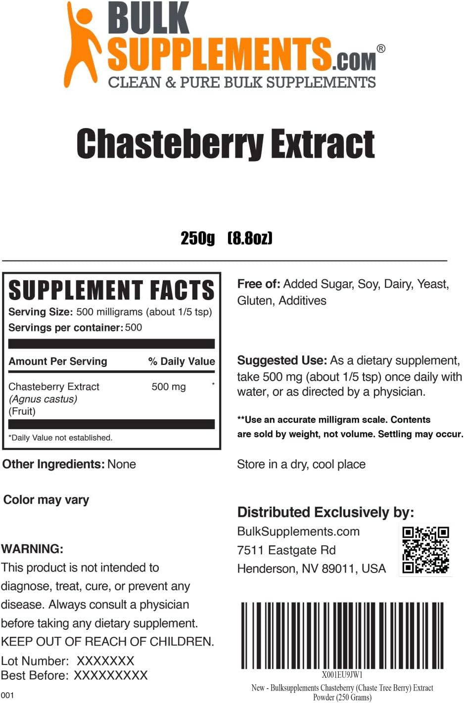 BulkSupplements.com Chasteberry Extract Powder - from Vitex Berry, Herbal Supplement - Vegan & Gluten Free, 500mg per Serving, 250g (8.8 oz) (Pack of 1)