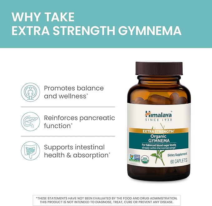 Himalaya Extra Strength Organic Gymnema Sylvestre, 30 Day Supply - Herbal Metabolism Support - USDA Organic, Additive Free, Non-GMO, Vegan, Gluten Free, 1,085 mg, 60 Caplets