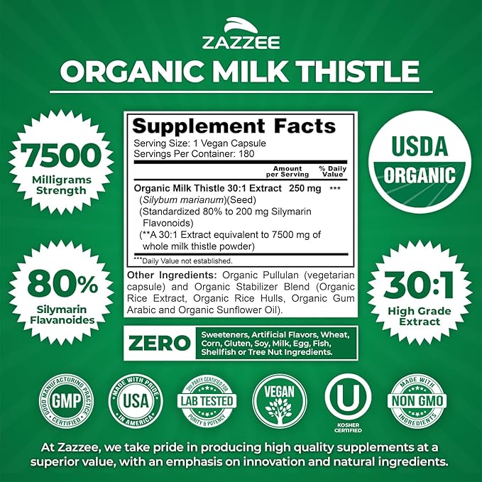 Zazzee USDA Organic Milk Thistle 30:1 Extract, 7500 mg Strength, 180 Vegan Capsules, 80% Silymarin Flavonoids, Healthy Liver Detox & Cleanse Support, 100% Vegetarian, Non-GMO, Made in The USA