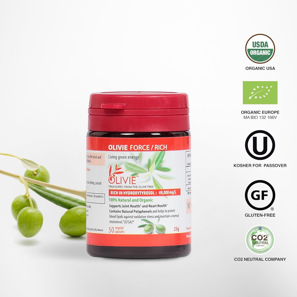 Organic Olive Leaf Extract Capsules Olivie Force/Rich | Antioxidant Polyphenol Supplement for Adults | Health Support Supplement | 50 Vegetal Capsules