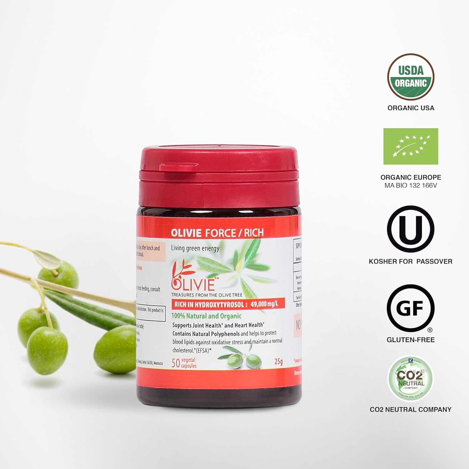 Organic Olive Leaf Extract Capsules Olivie Force/Rich | Antioxidant Polyphenol Supplement for Adults | Health Support Supplement | 50 Vegetal Capsules