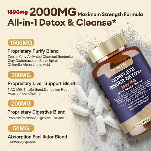 2Pack 2000MG Complete Binder Detox+ Activated Charcoal, Zeolite, Bentonite Clay, NAC, Milk Thistle, Probiotic, All-in-1 Detox & Cleanse Supplement, Liver & Gut Support, 240 Capsules