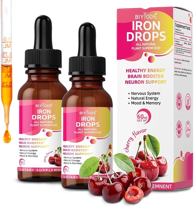 2P Cherry-Flavored Iron Drops for Women - Help Maintain Energy, Boost Vitality and Immunity. Non-GMO, Gluten-Free 60 ml.