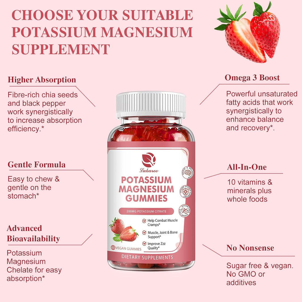Magnesium Potassium Supplement Gummies - New Formula Calm Magnesium Glycinate Gummies & Potassium Citrate 200 mg Plus Omega 3, B6, D3, K2 & Calcium for Zzz, Leg Cramps & Muscle - 120 Count