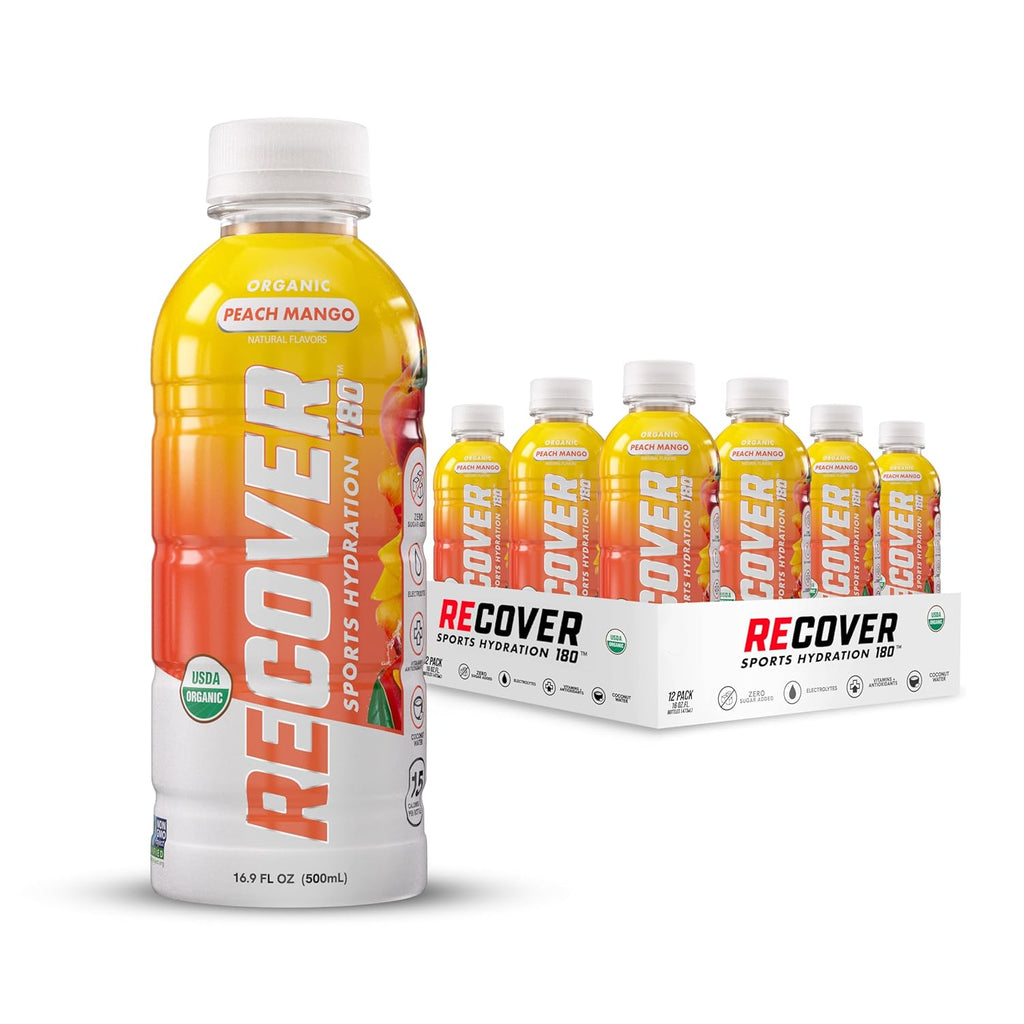 RECOVER 180 Organic Sports Hydration Drink, No Sugar Added, 20 Calorie Sports Beverage, Organic Flavors With Vitamins, Potassium-Packed Electrolytes (16.9 Fl Oz (Pack of 12), Peach Mango)
