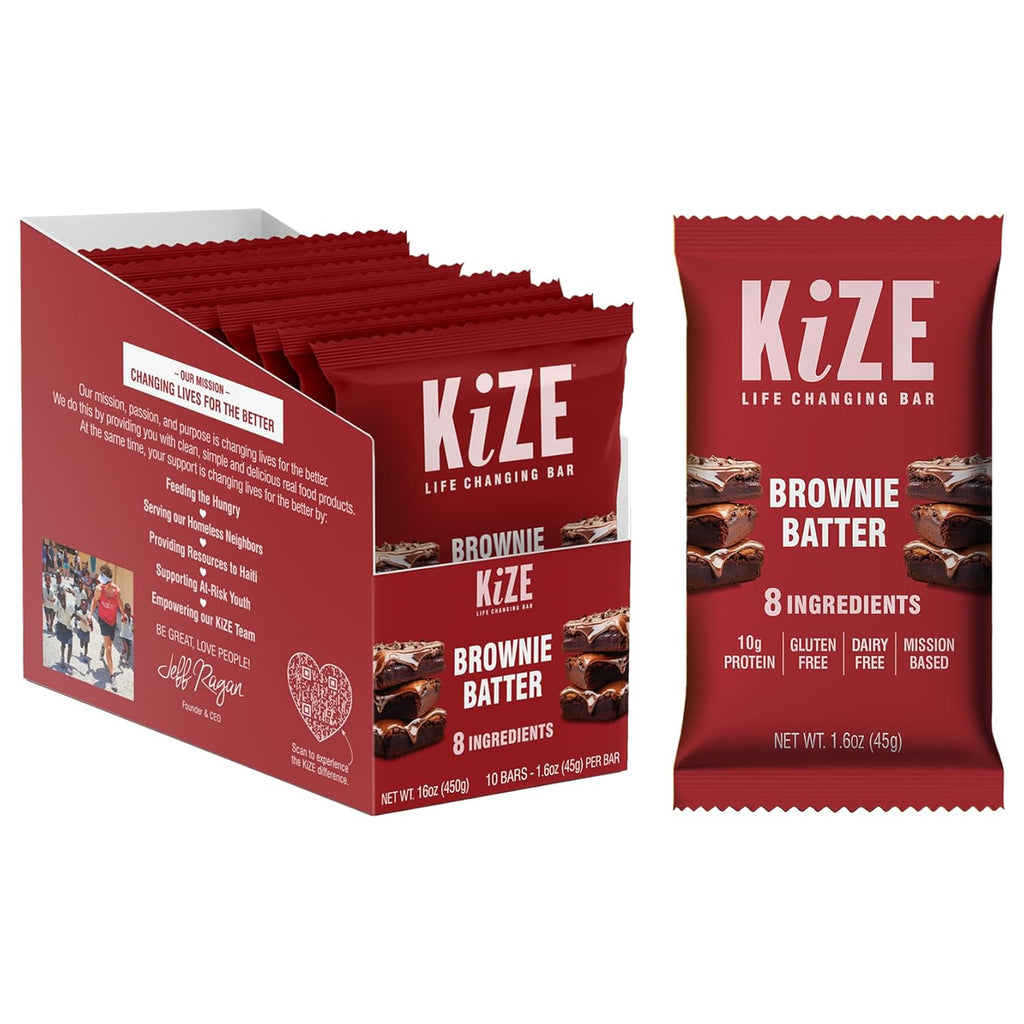 KiZE Energy Bars - Brownie Batter - Almond-Butter-Based, Gluten Free, Dairy Free, Non-GMO, and High Protein Meal Replacement Energy Bars, Clean and Simple Food Ingredients - 10g High Protein Snacks, (10 Count)