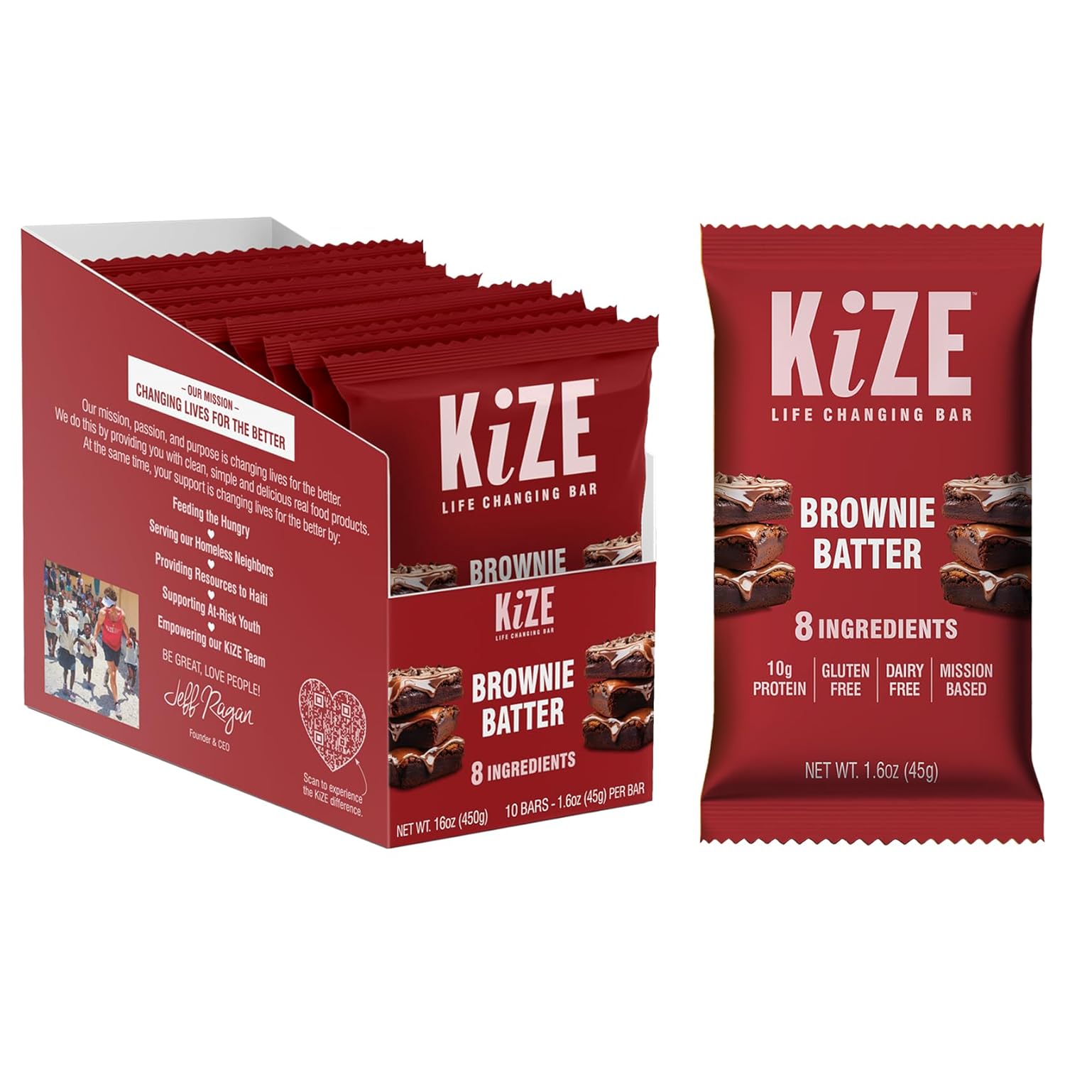 KiZE Energy Bars - Brownie Batter - Almond-Butter-Based, Gluten Free, Dairy Free, Non-GMO, and High Protein Meal Replacement Energy Bars, Clean and Simple Food Ingredients - 10g High Protein Snacks, (10 Count)