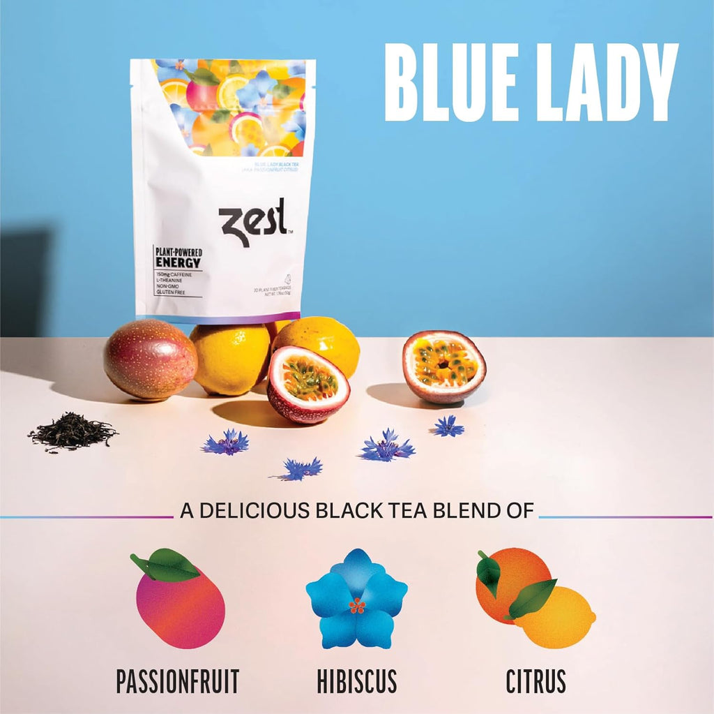 Zest Energy Tea - Blue Lady - High Caffeine Passion Fruit Black Tea Bags - Caffeinated Coffee Altnernative/Substitute - Natural, Non-GMO & Keto Friendly - Hot or Iced - 20Ct Pack - 150mg Caf