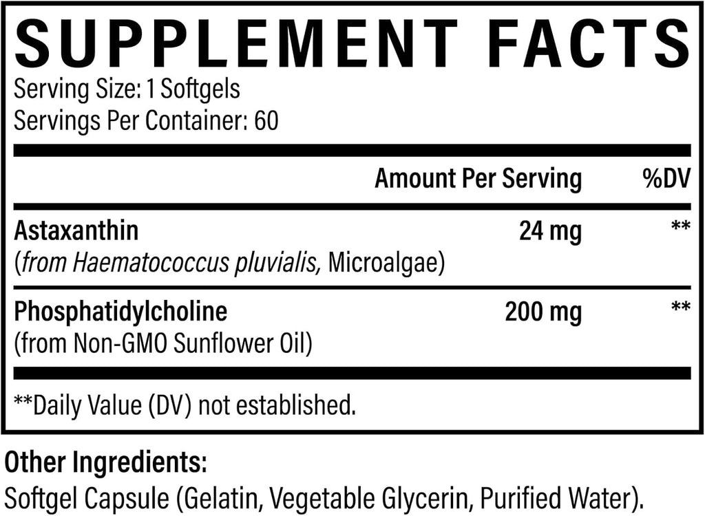 Liposomal Astaxanthin Supplement 24 MG, Maximum Absorption, Antioxidant Stronger Than VIT C, Non-GMO & Gluten Free - 60 Softgels(2 Months Supply)