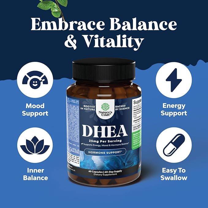 DHEA Supplement for Women & Men - Pure DHEA 25mg for Hormone Balance, Improves Mood Stability, Brain Function, Immune System, Energy & Fertility - Dehydroepiandrosterone Capsules for Adults - 60 Ct