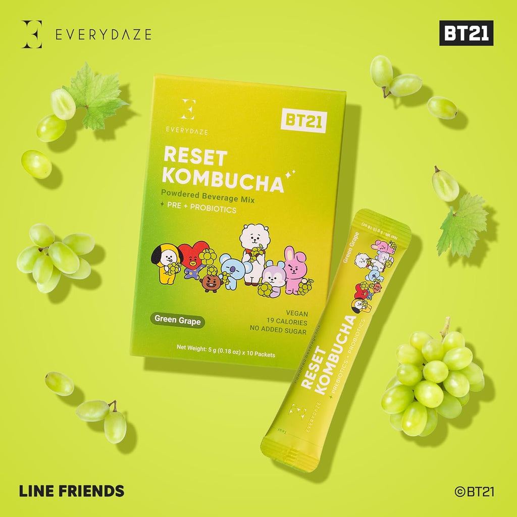 Everydaze BT21 Reset Kombucha Tea Powdered Beverage Mix | 10 Sticks | Prebiotics + Probiotics | Vegan | No Added Sugar, Gluten Free, Sparkling Powder Drink Pack (Green Grape)