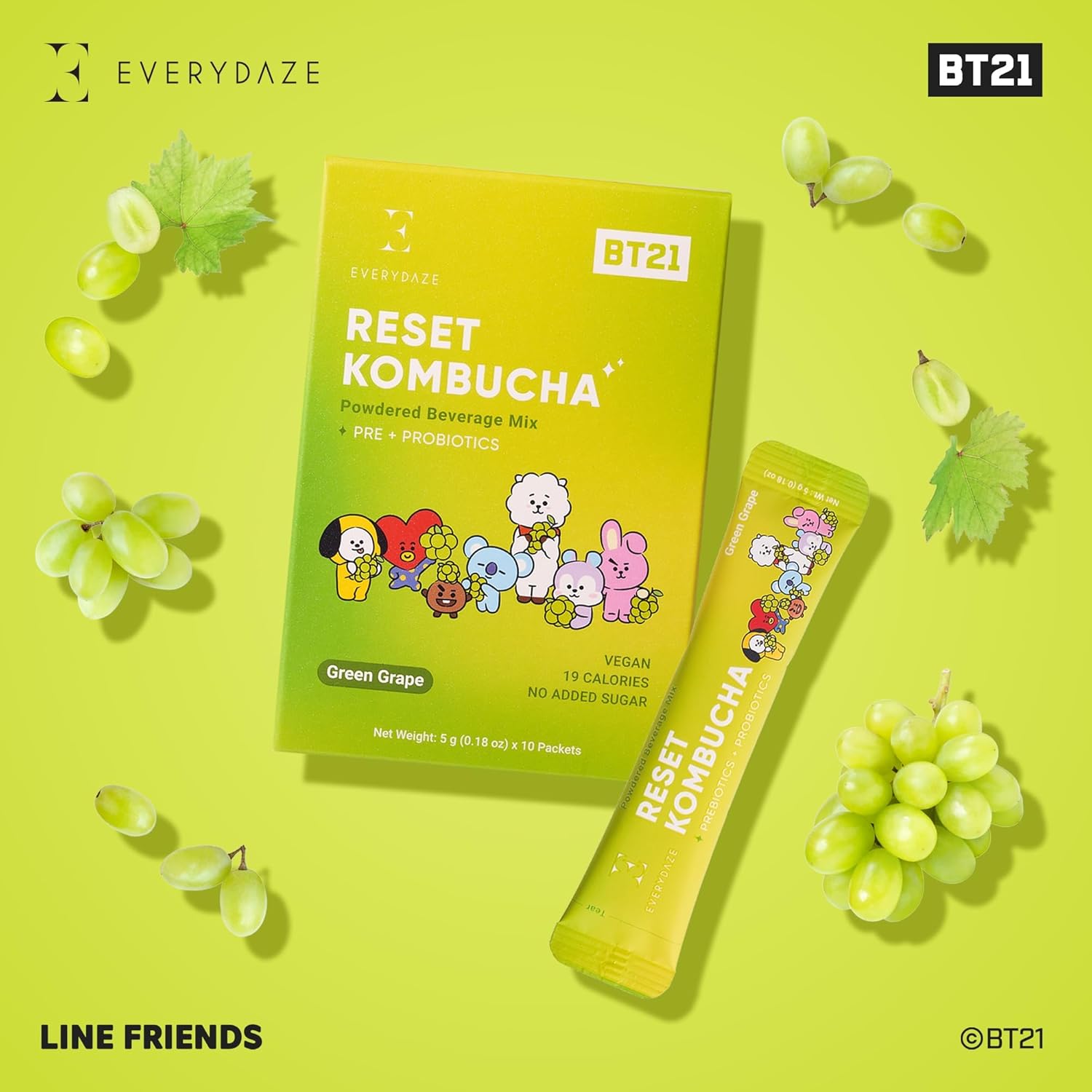 Everydaze BT21 Reset Kombucha Tea Powdered Beverage Mix | 10 Sticks | Prebiotics + Probiotics | Vegan | No Added Sugar, Gluten Free, Sparkling Powder Drink Pack (Green Grape)