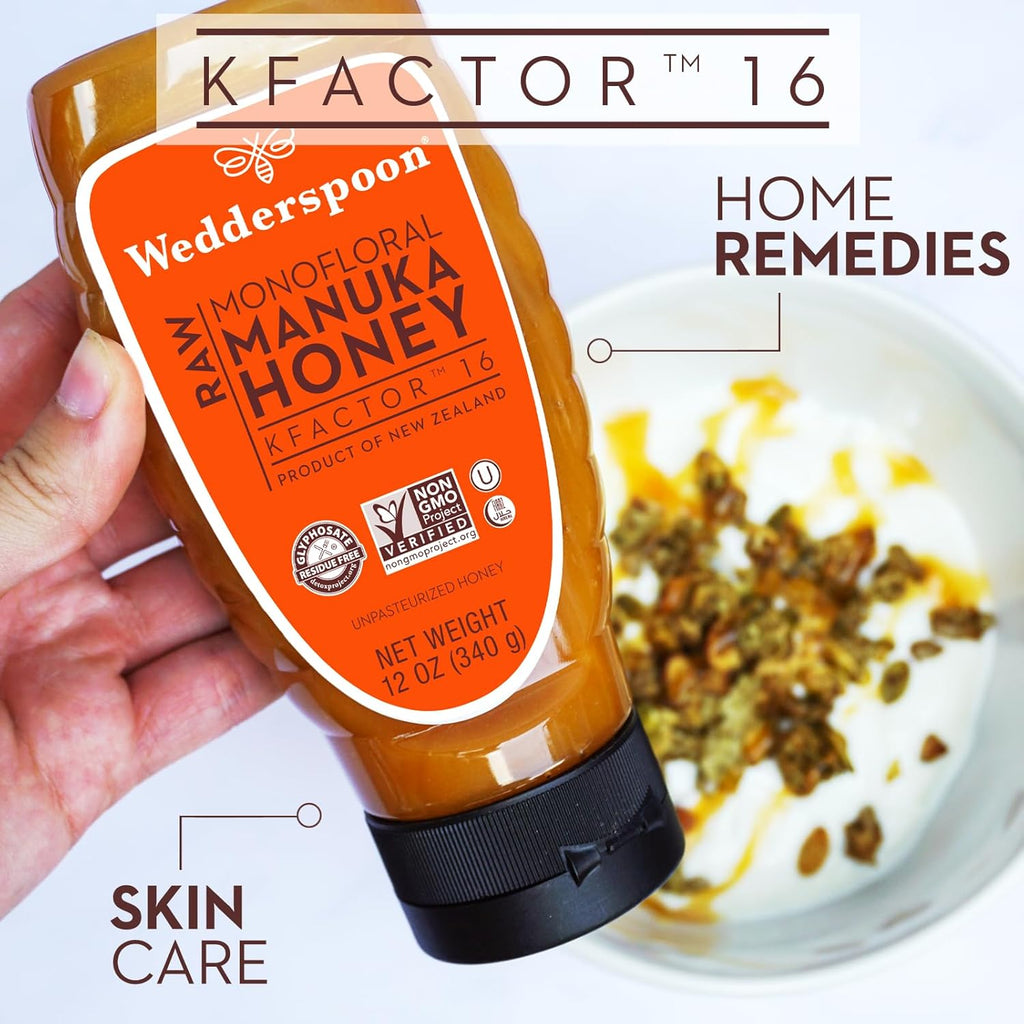 Wedderspoon Raw Manuka Honey, Unpasteurized, Genuine New Zealand Honey, Multi-Functional, Non-GMO Superfood, Convenient Squeeze Bottle, KFactor 16, 12 Ounce