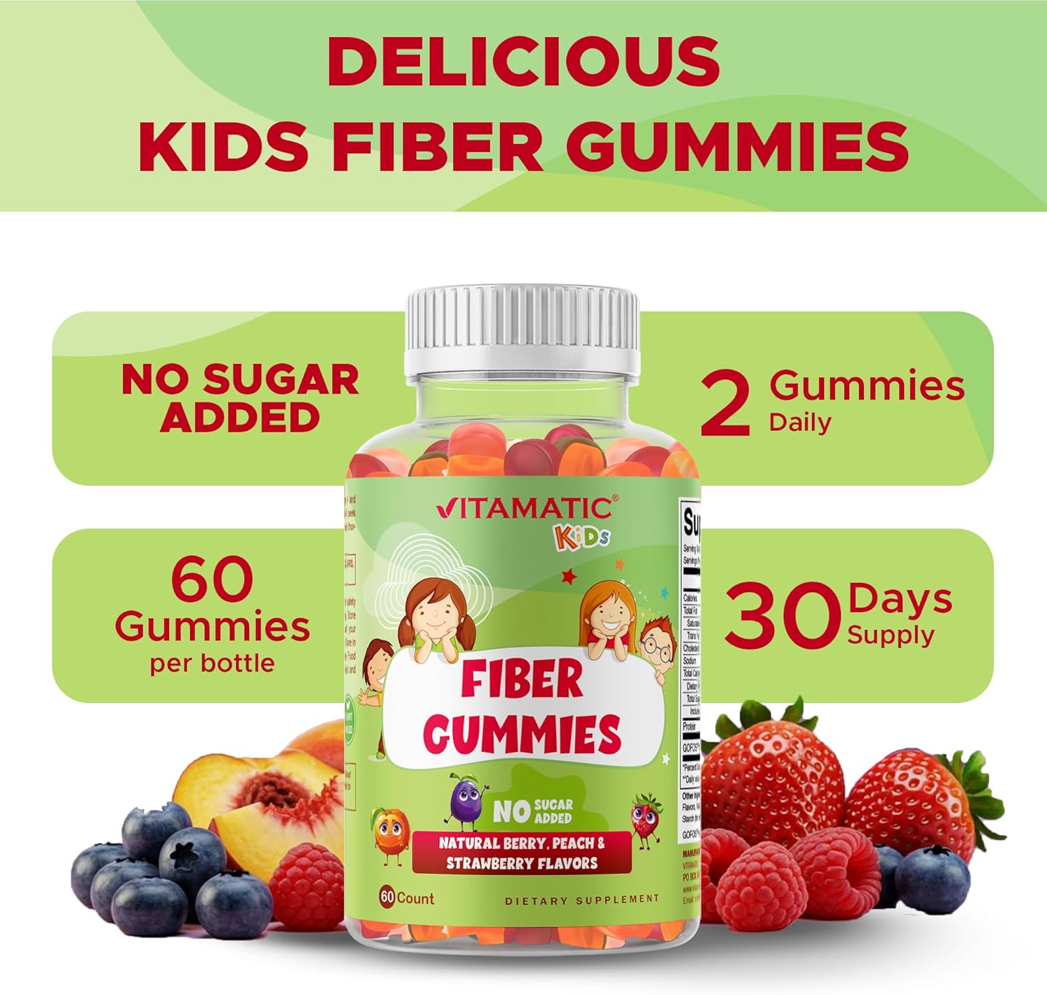 Vitamatic Kids Prebiotic Fiber Gummies – Extra Strength 4g Fiber – Zero Sugar Added – 60 Pectin-Based Gummies – Digestive Health & Regularity Support