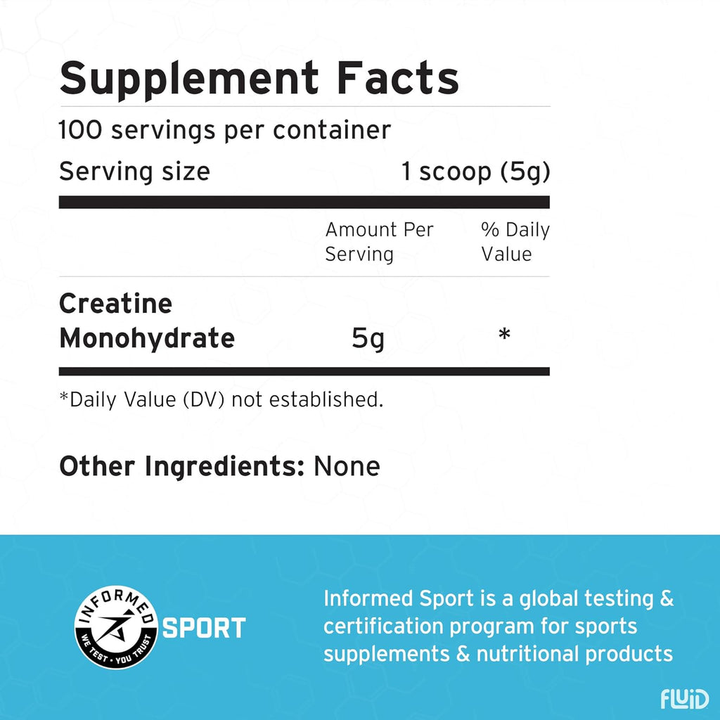 Fluid Creatine - Informed Sport Certified | 100% Creatine Monohydrate Powder | Unflavored | 5g per Serving (100 Servings)