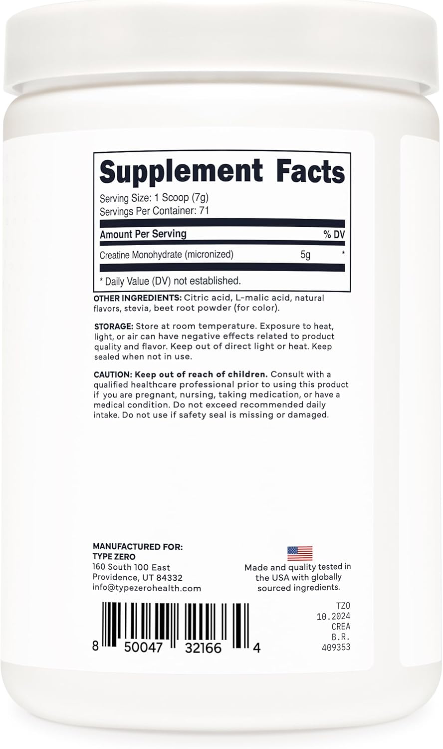 Type Zero Creatine Monohydrate Powder 500 Grams, Tropical Punch Flavored - Gluten-Free