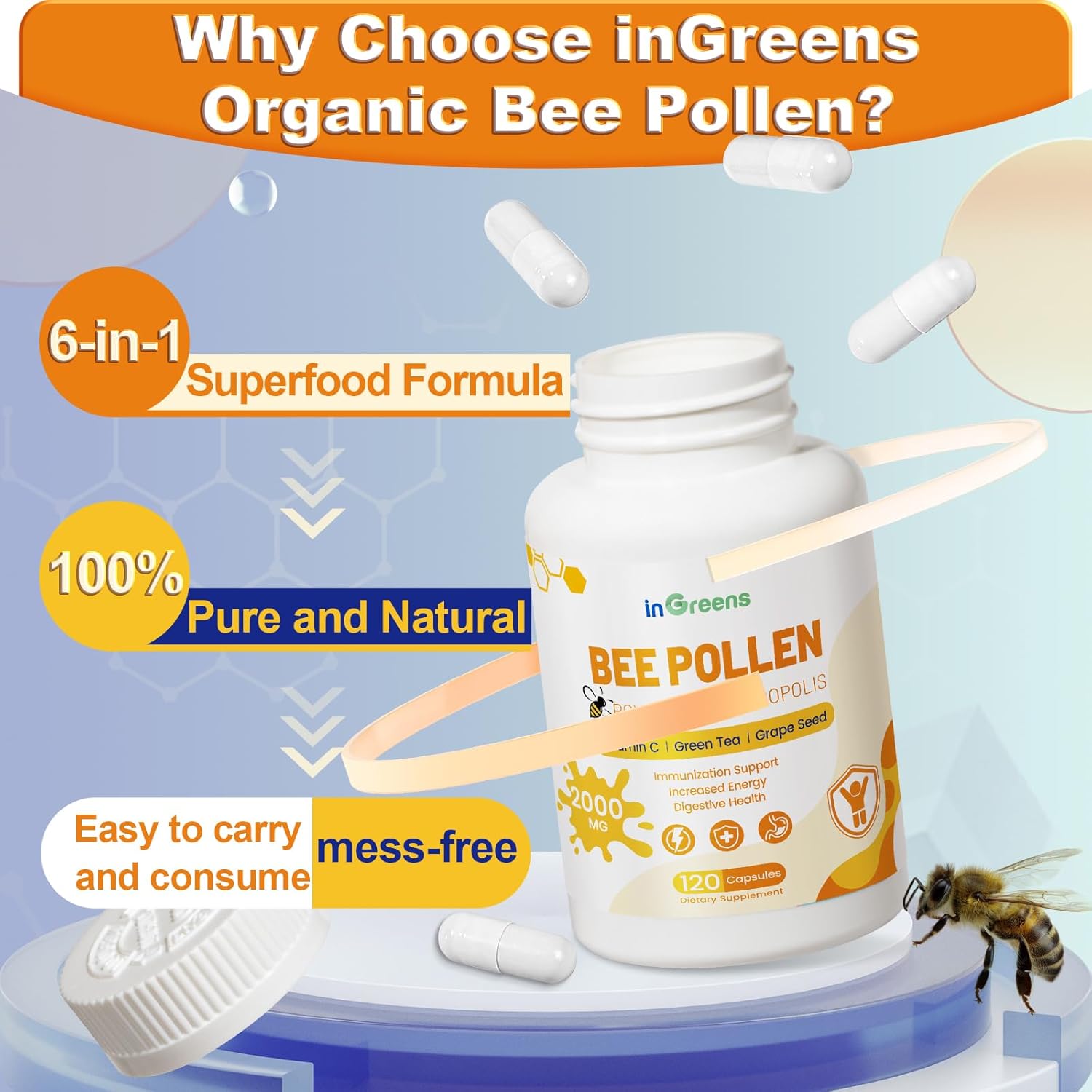 Organic 6-in-1 Bee Pollen Supplement - 2000mg Per Serving - Bee Pollen for Women & Men - Superfood for Immune & Energy Support - Non-GMO, Made in USA - 120 Capsules