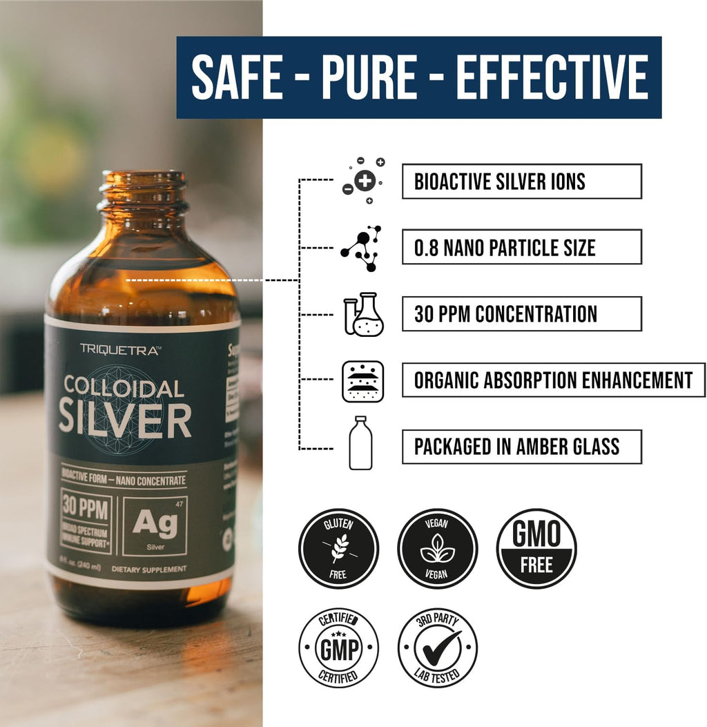 Bioactive Colloidal Silver - 8 oz, Glass Bottle, Vegan, Safe Doses with Highest Effectiveness - Nano Ions, 30 PPM - Immune Support (48 Servings)