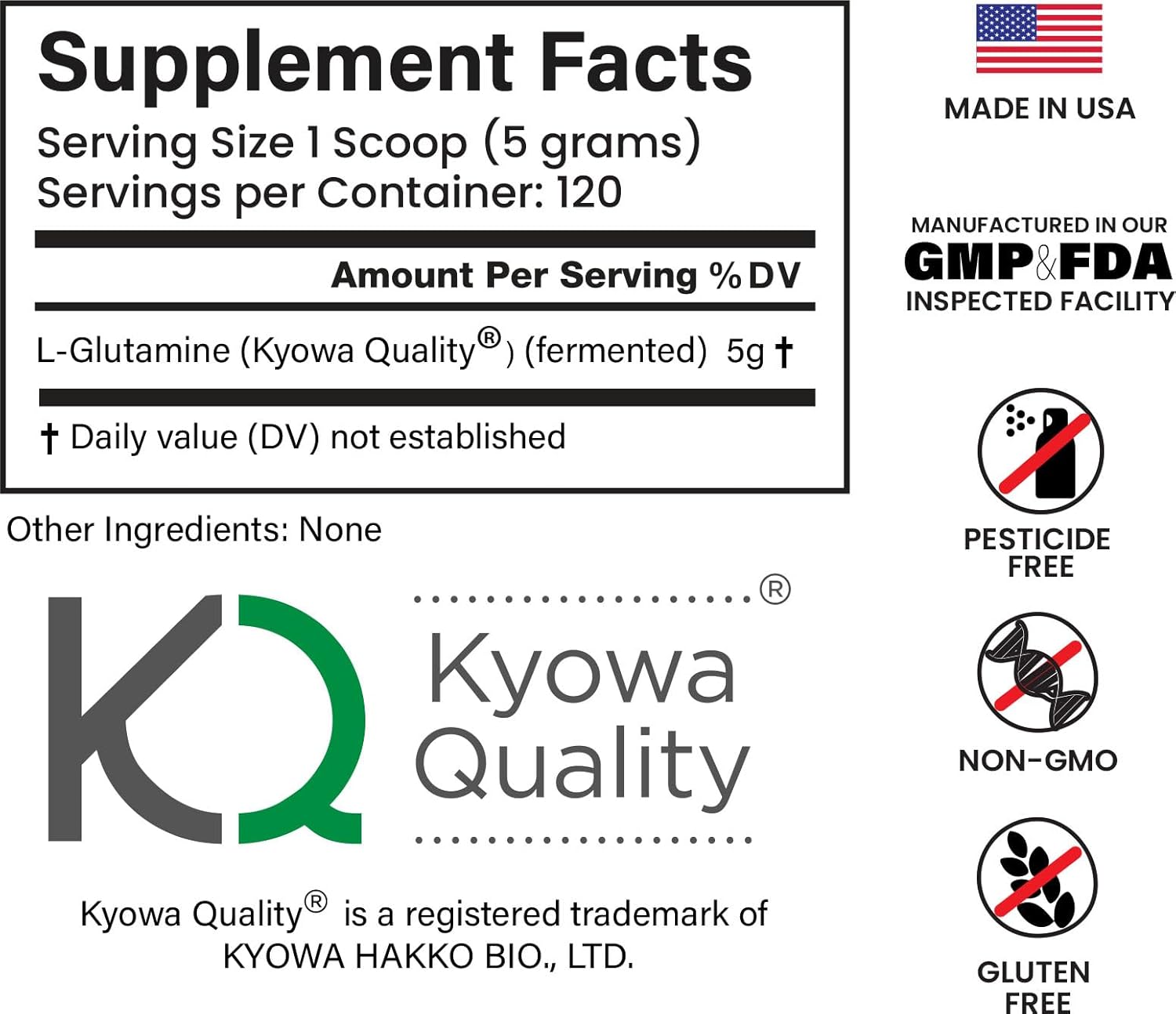 L-Glutamine 600grams (120 Servings) Unflavored, Non-GMO, Vegan Fermented, Third-Party Lab Tested. Made with Halal and Kosher Certified Ingredients.