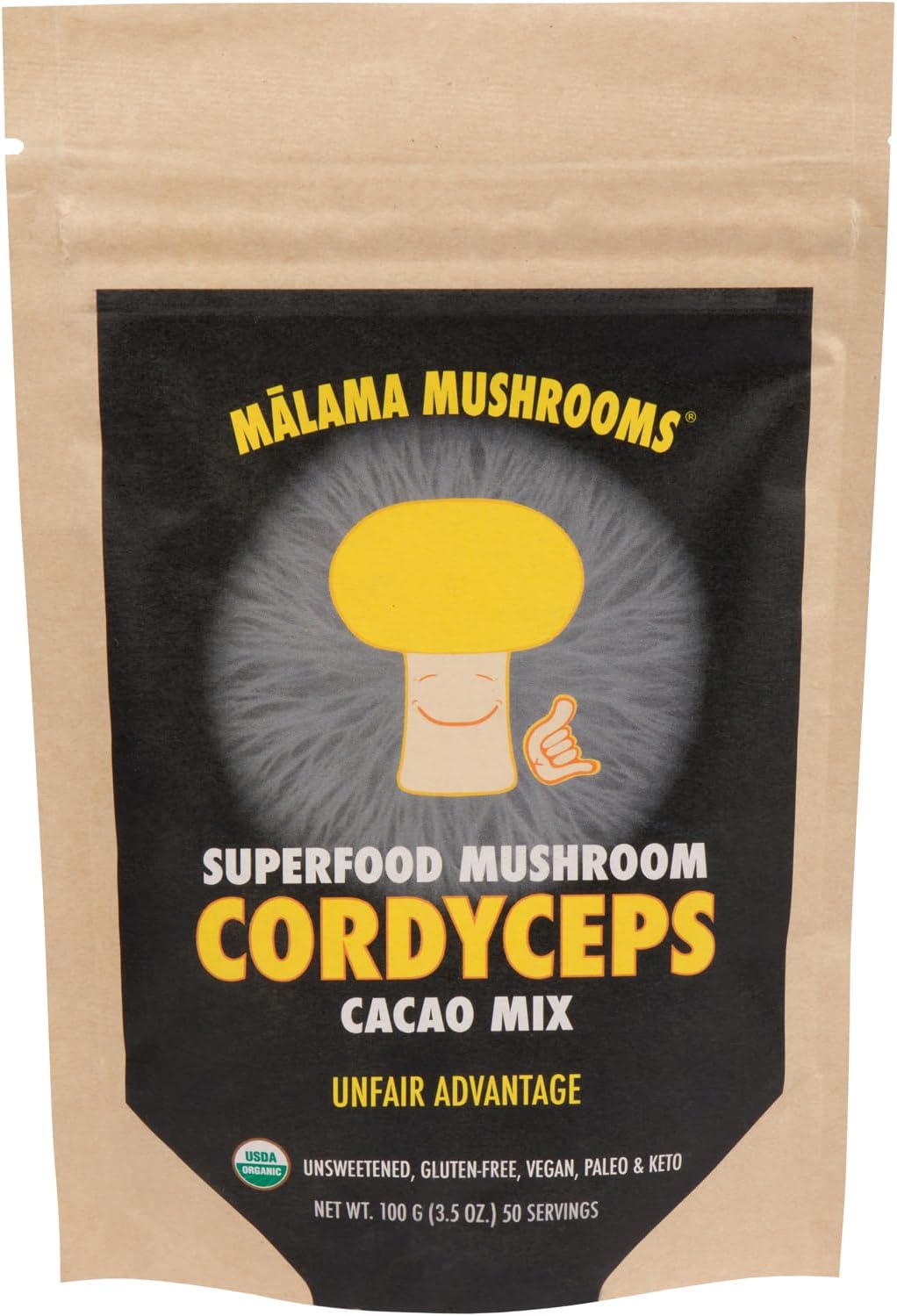 Malama Organic Mushroom Hot Cacao Mix, Cordyceps Mushroom Powder with Fair Trade Cacao, Supports Energy & Immune Health – Vegan Supplement & Superfood, Non GMO, 3.5 oz (50 Servings)