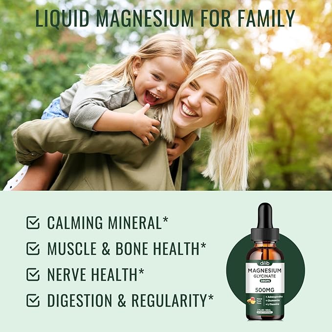 Magnesium Glycinate Liquid Drops Supplement, with Magnesium Glycinate 500mg Ashwagandha, L - Theanine, Chamomile -Support Stress Relief, Bone, Muscle, Mood Peach Flavor