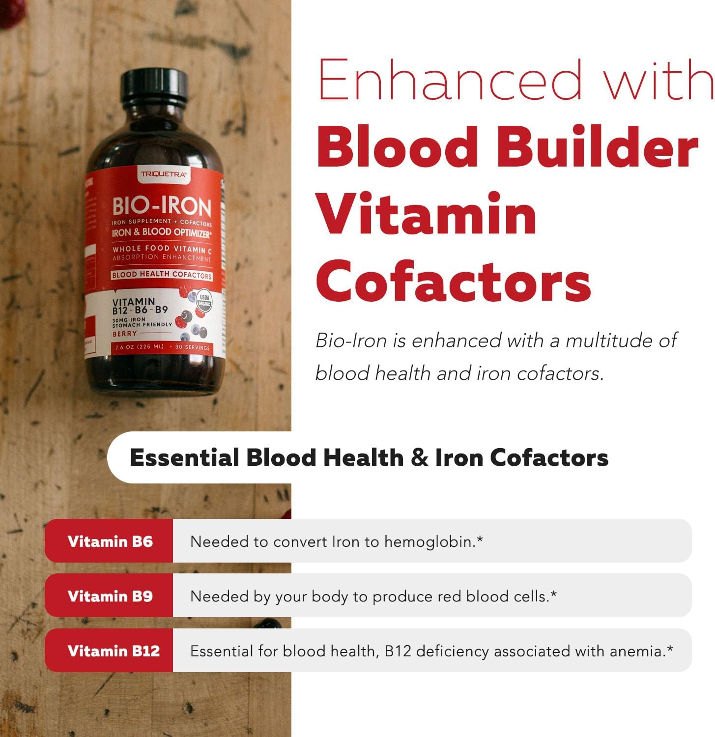 Liquid Iron Supplement | Organic Certified, Berry Flavor - Whole Food Vitamin C Absorption Boost & Blood Building B Vitamins - Methyl B12, L-Methylfolate & B6 - Supports Healthy Iron Levels - 7.6 oz