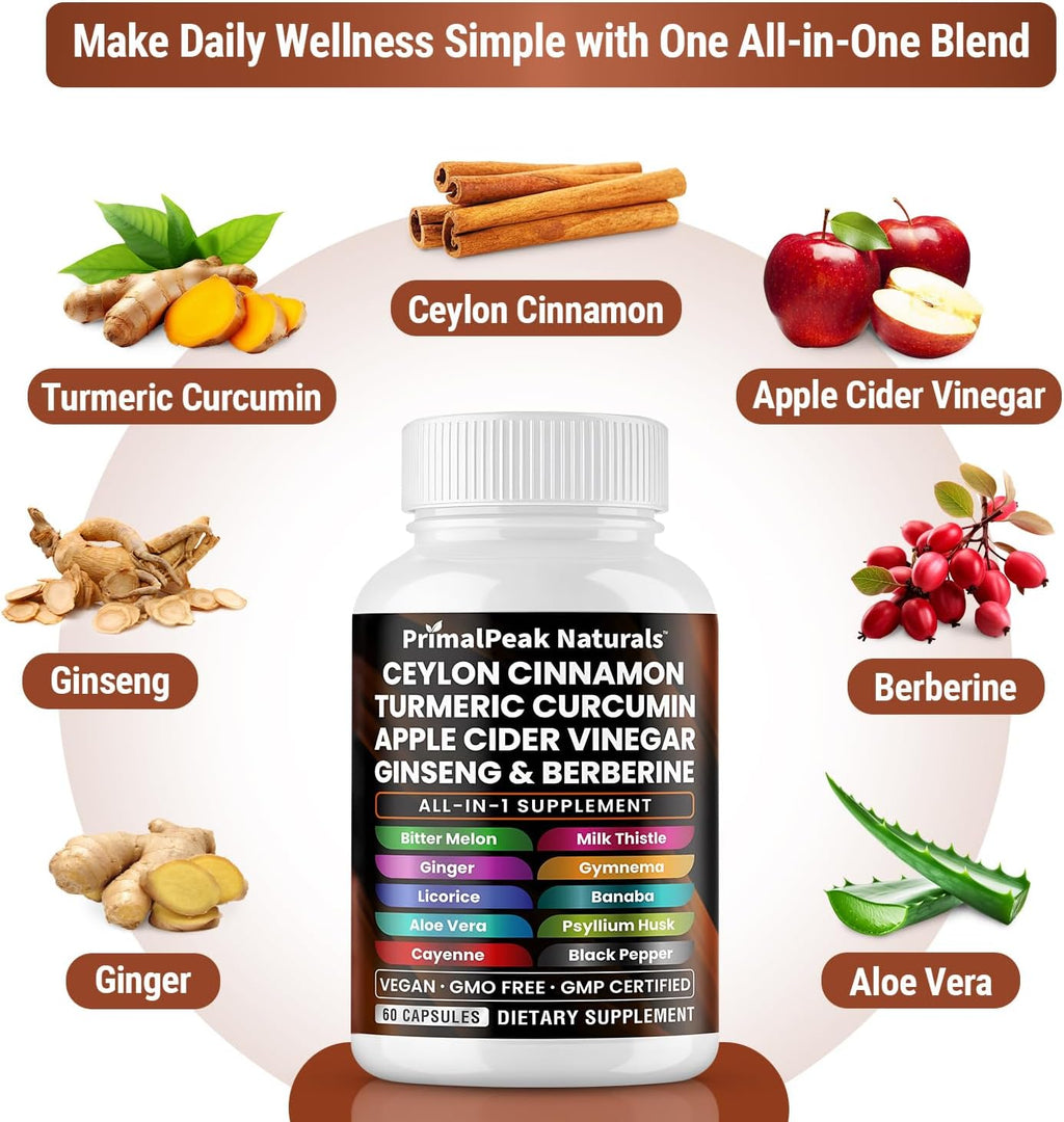 Ceylon Cinnamon Apple Cider Vinegar Turmeric Curcumin Panax Ginseng Berberine with Bitter Melon Banaba Milk Thistle Gymnema Sylvestre Vegan Capsules - 120 Count