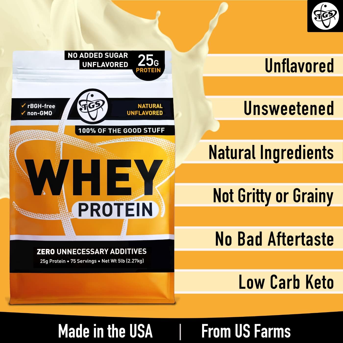Whey Protein Powder - Unflavored, Unsweetened, Keto - 5lb - Low Carb, Low Calorie, No Soy, Made in USA