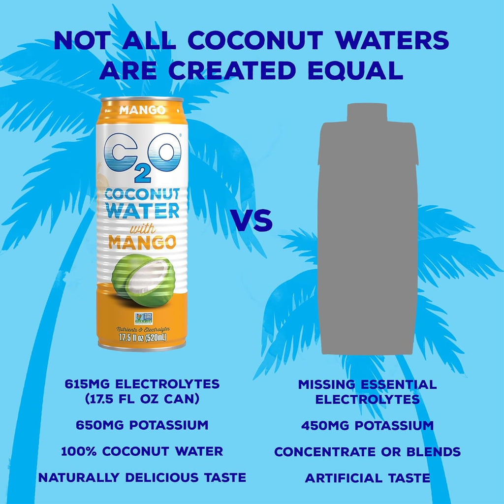 C2O - Coconut Water with Mango (12 Pack) - Made with Fresh Coconut Water - Plant Based - Non GMO - Canned Water - Natural Hydration, Essential Electrolytes, & Potassium - 12 Cans, 17.5 FL OZ
